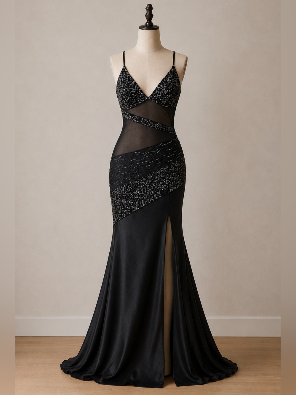 Vintage Y2K Jasz Couture Black Beaded Mesh Mermaid Dress Formal Evening Gown
